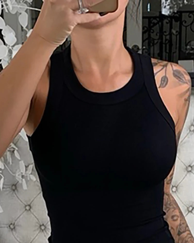 Solides geripptes Tanktop für Damen – Sommerliches Basic-Camisole mit Rundhalsausschnitt und elastischem Bund