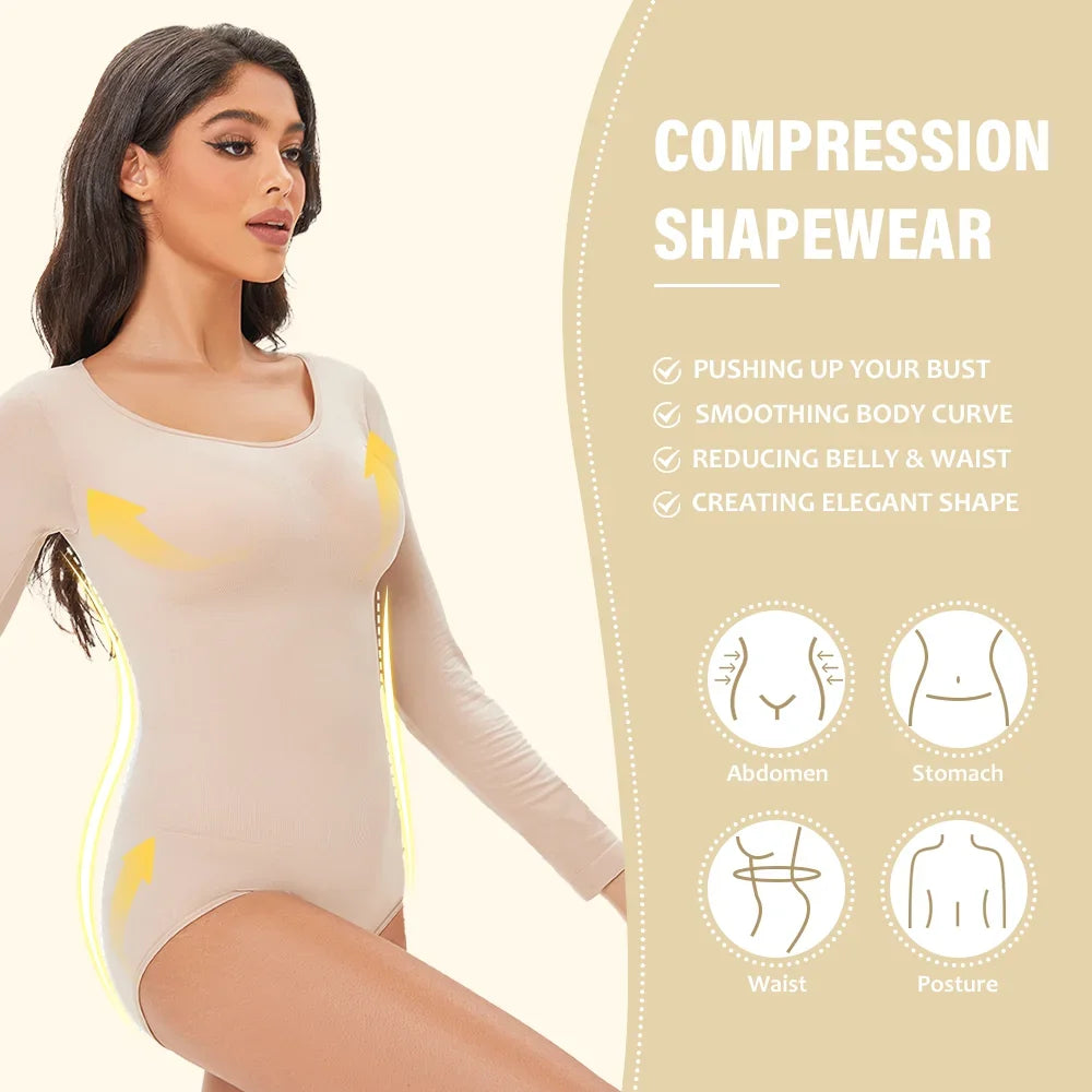 Spandex Body Shaper | Tummy Control Long Sleeve Seamless Bodysuit