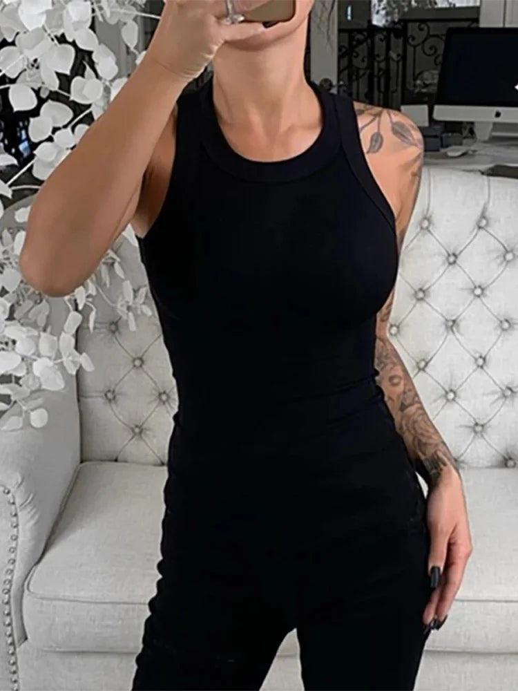 Solides geripptes Tanktop für Damen – Sommerliches Basic-Camisole mit Rundhalsausschnitt und elastischem Bund