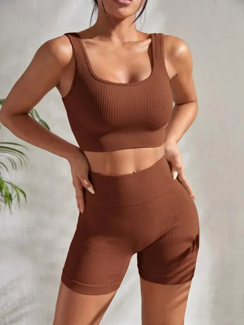 Seamless Ribbed Yoga Set for Women – Crop Tank & High Waist Shorts"