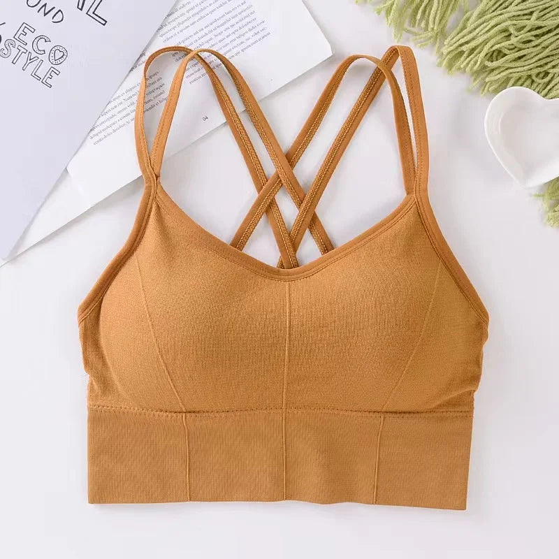 « Soutien-gorge de sport croisé dans le dos pour femme – Débardeur de yoga push-up, respirant et extensible »