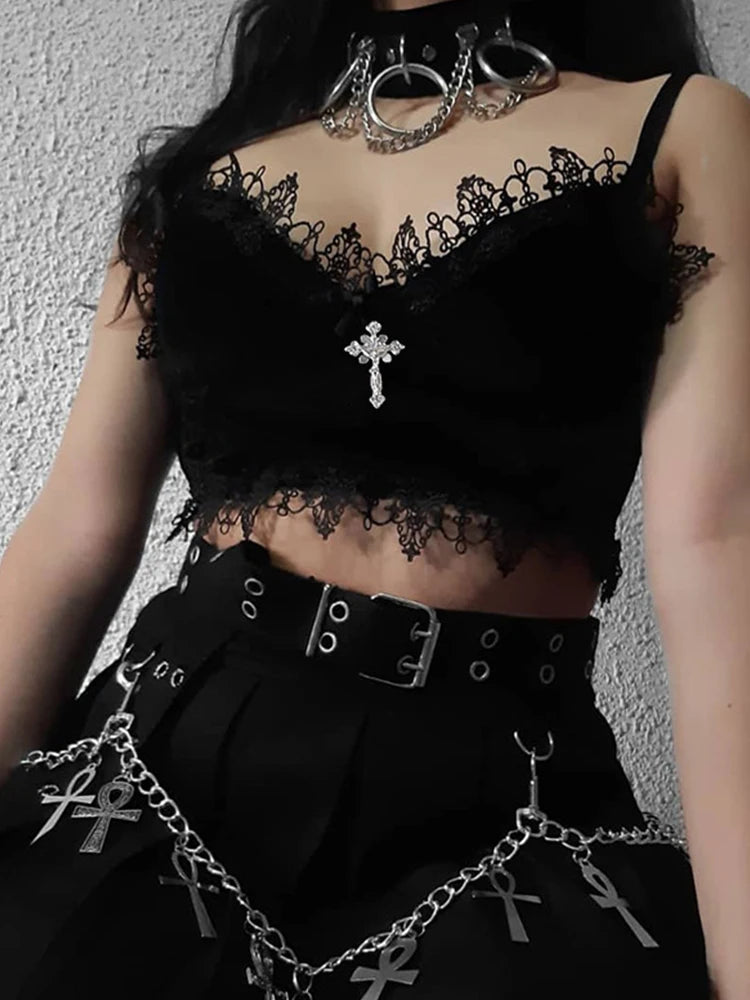 Velvet Y2K Mall Goth Crop Top - Black Lace Trim, Emo Alternative Aesthetic, Backless Sexy Strap