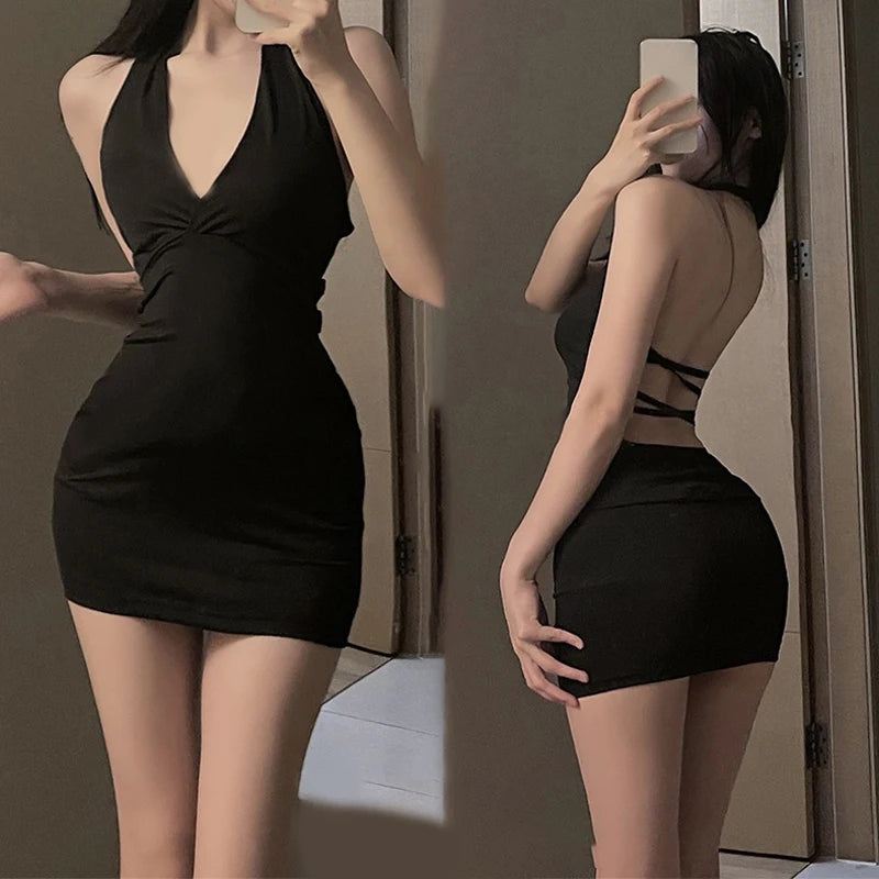 Women Sexy Halter Backless Slim V-neck Wrap Black Party Night Mini Dress