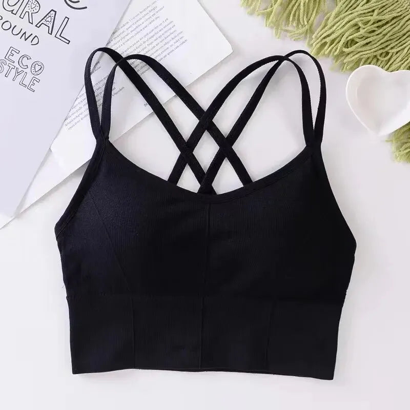 « Soutien-gorge de sport croisé dans le dos pour femme – Débardeur de yoga push-up, respirant et extensible »