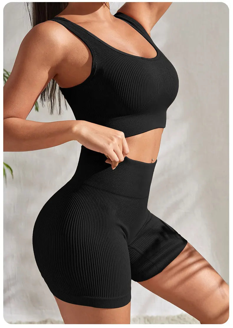 Seamless Ribbed Yoga Set for Women – Crop Tank & High Waist Shorts"