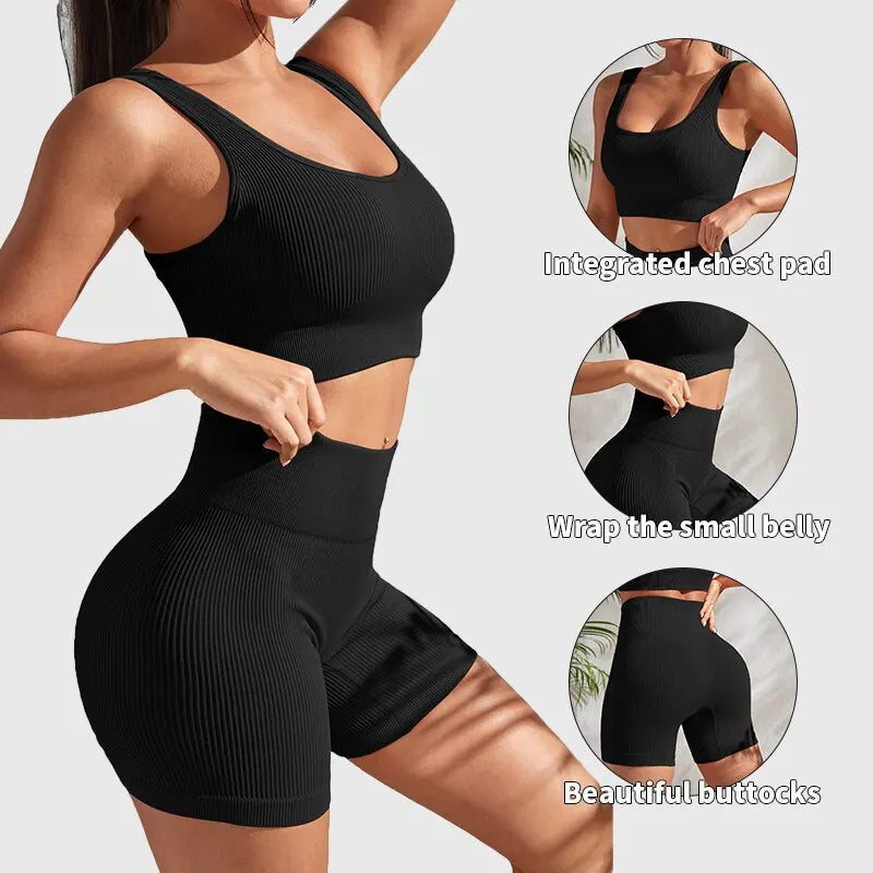 Seamless Ribbed Yoga Set for Women – Crop Tank & High Waist Shorts"